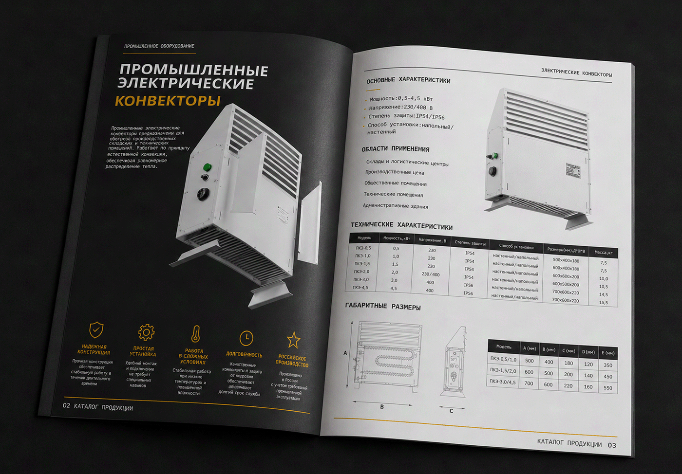 Printed product catalog with 3D visualization of industrial electric convectors and technical specifications