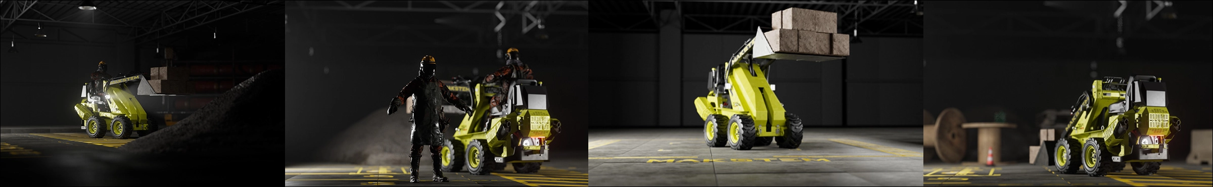 MAX 450 compact loader working environment, operator and bucket material simulation