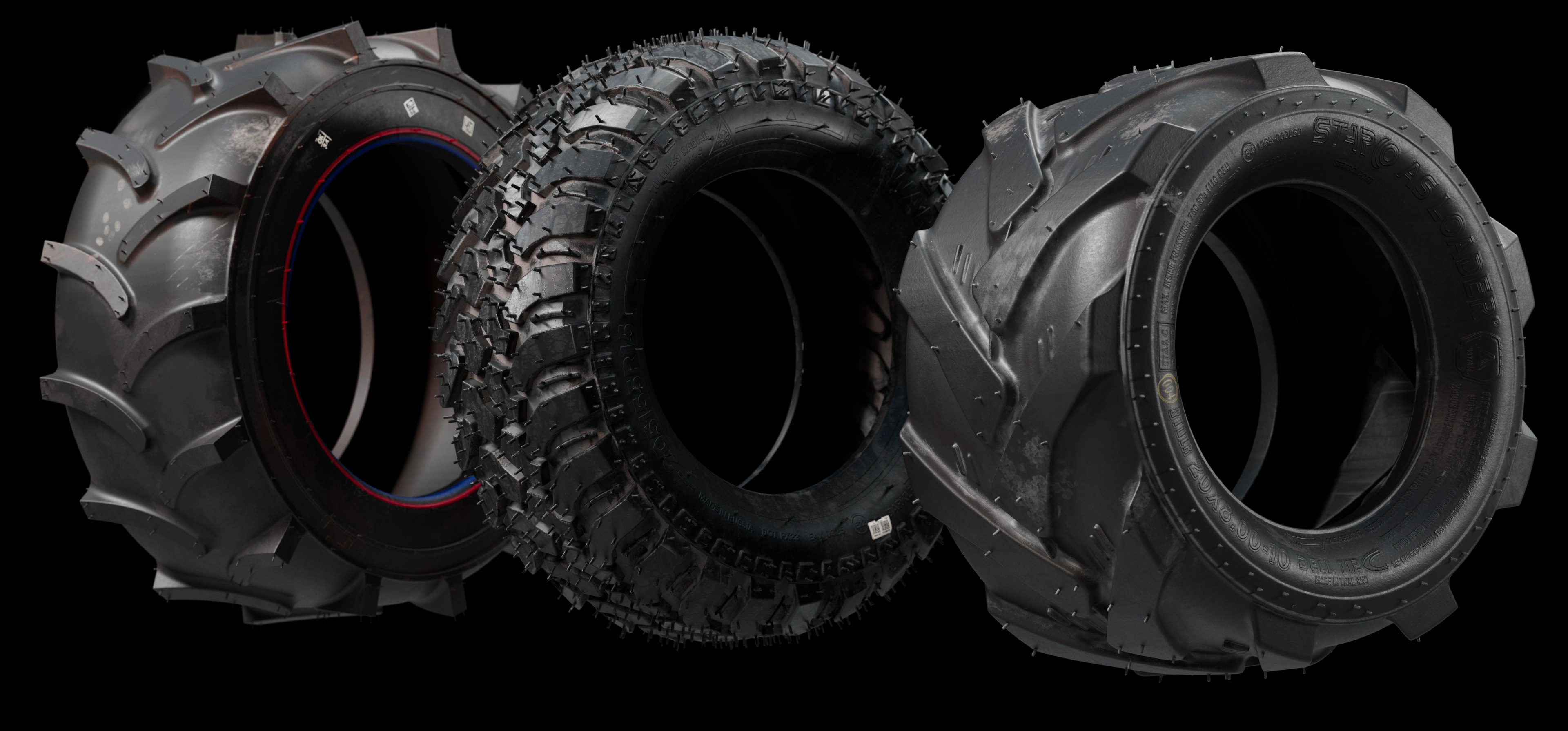 Three detailed 3D tires from the RBF03 ULTRA, PROFI and MAX 450 projects