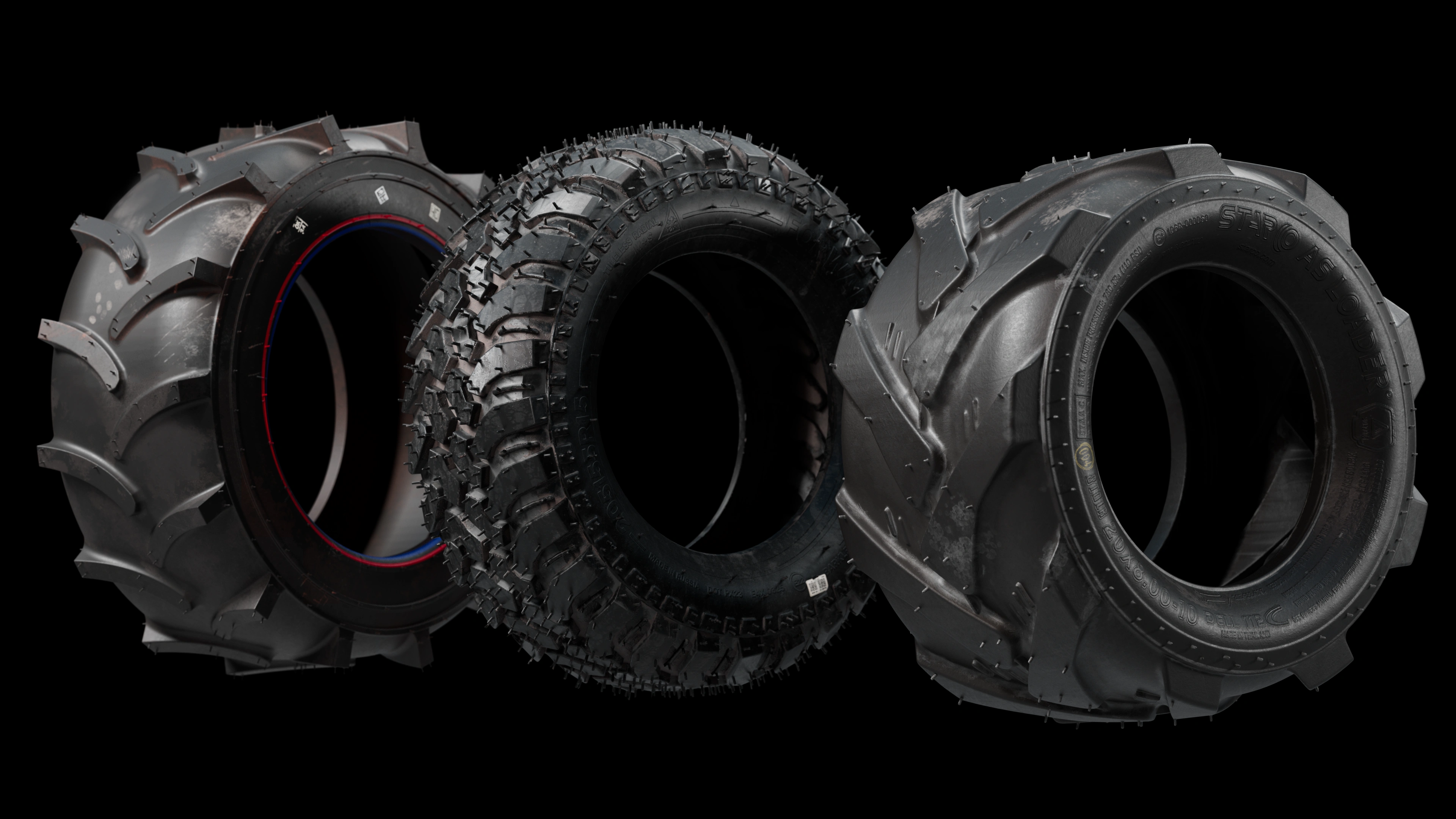 3D visualization of three tires with different tread patterns