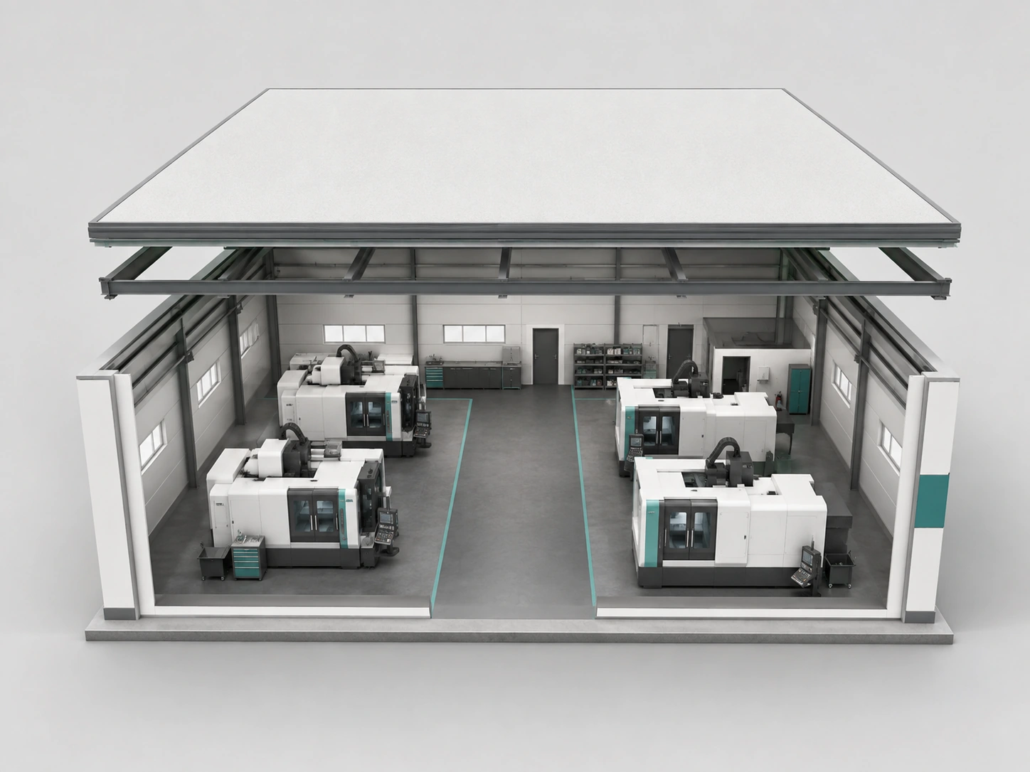 Concept cutaway of a production hall with the roof removed