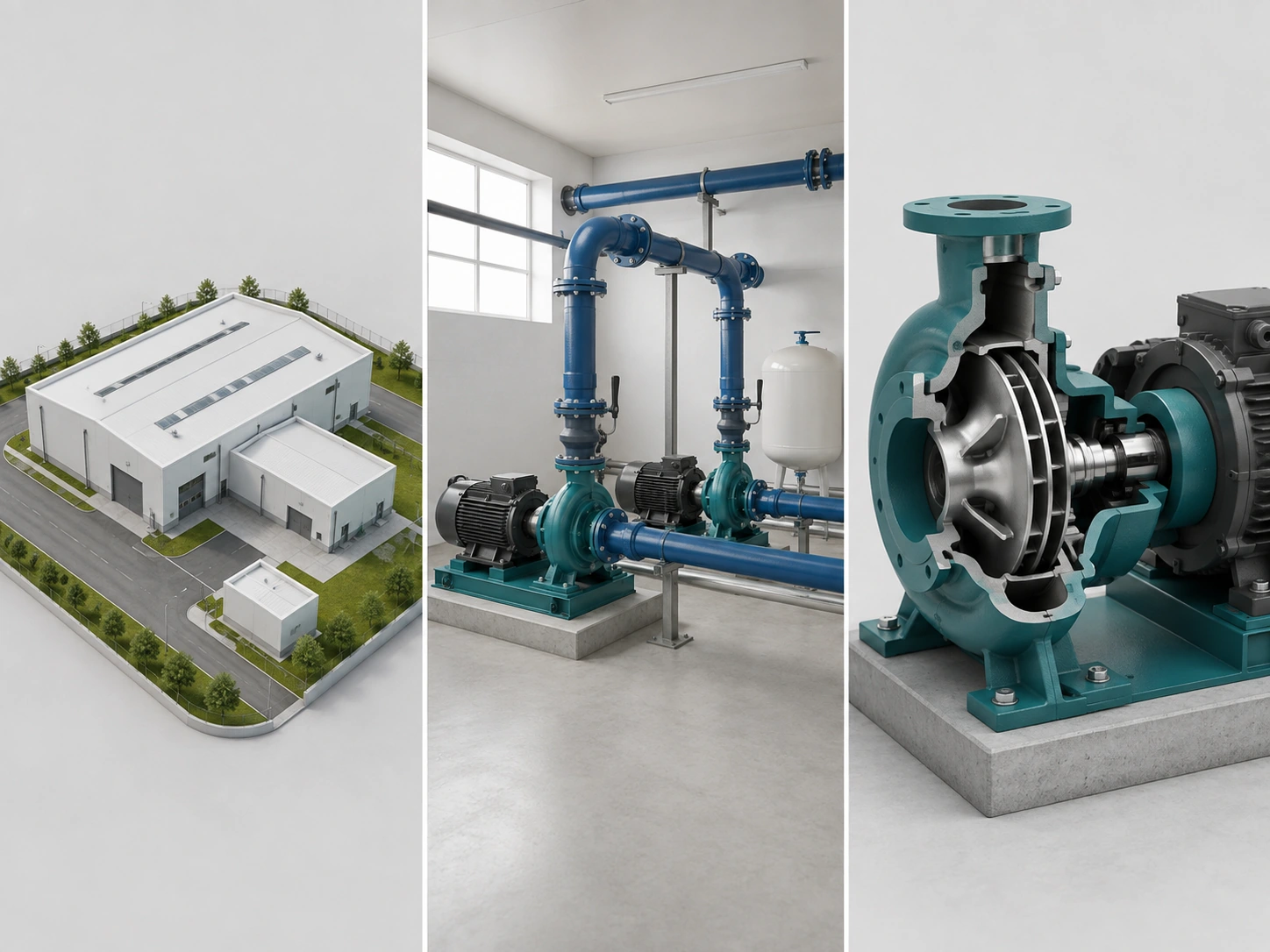 Three concept views: site, equipment room and pump detail