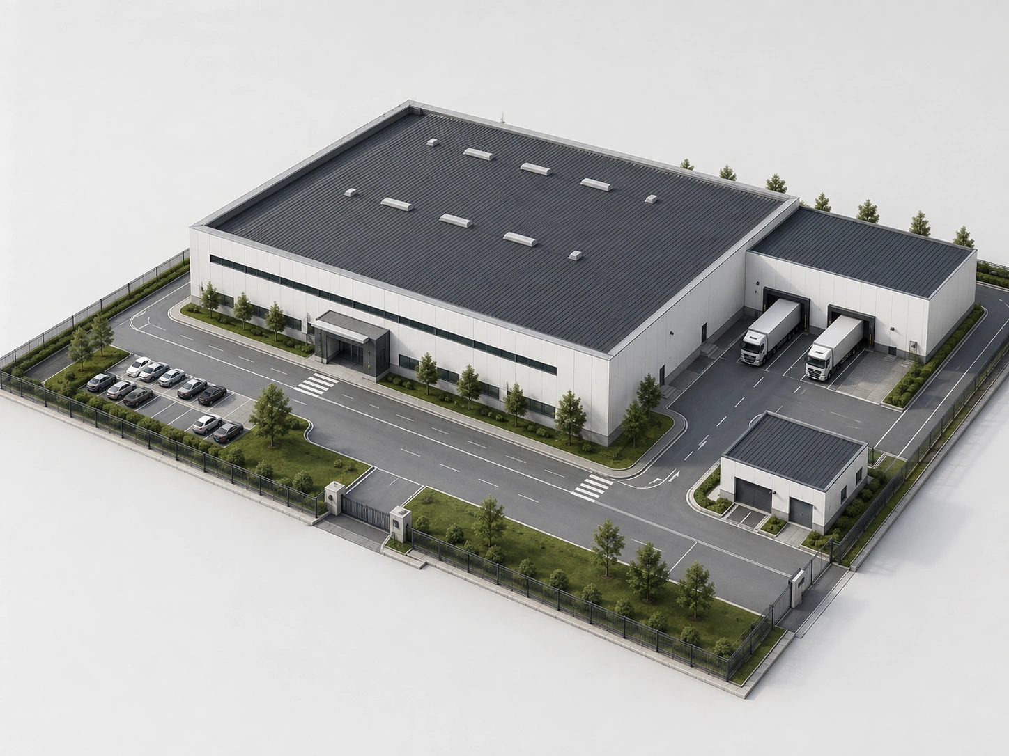 Concept illustration of a finished industrial campus with roads and loading areas