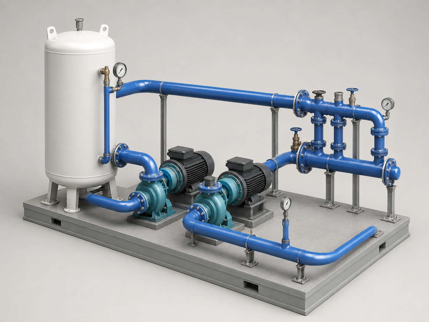 Concept illustration of a water circuit connecting tanks, pumps and piping