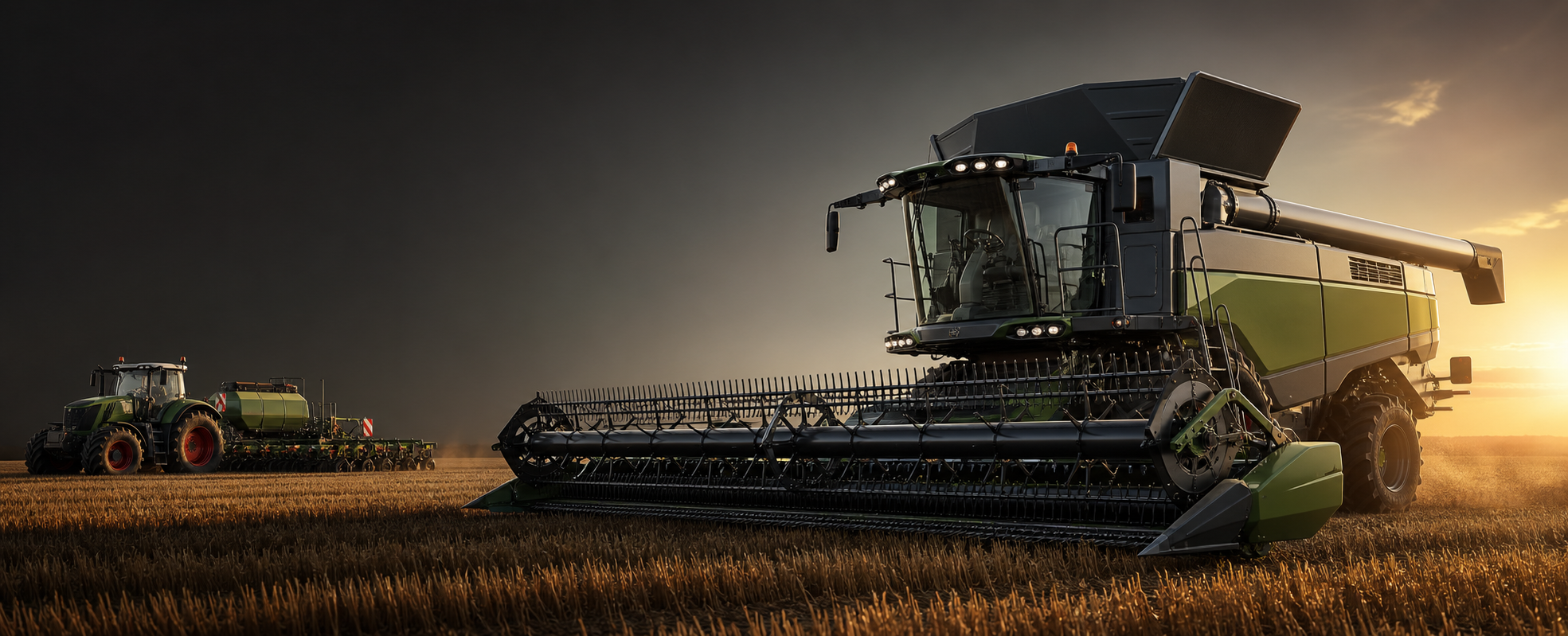 Photorealistic 3D visualization of a combine harvester and tractor