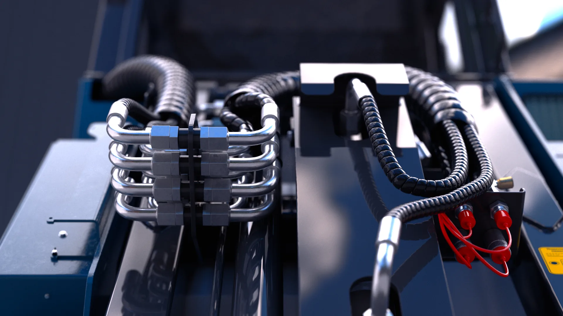 Front close-up of the PROFI loader hydraulic system