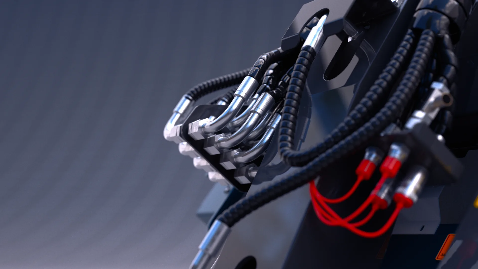 Detailed hydraulic lines and connectors on the PROFI loader