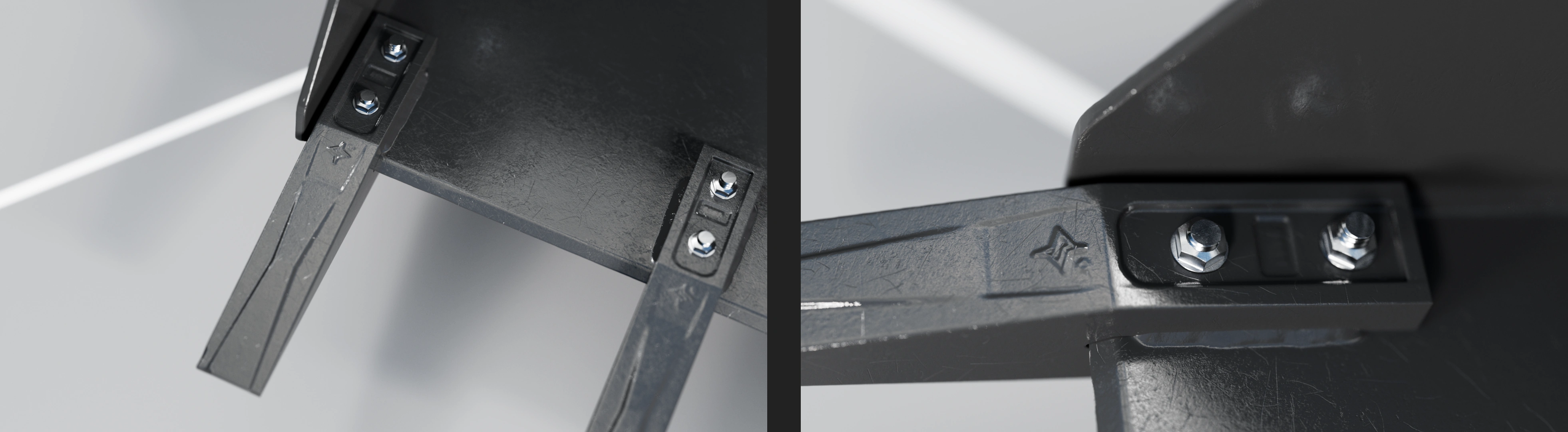 Two close-up views of PROFI bucket teeth, bolts and welded joints