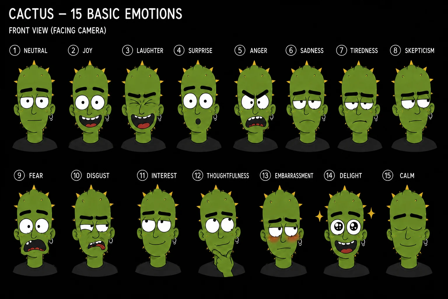 Fifteen basic Cactonyx emotions for content production